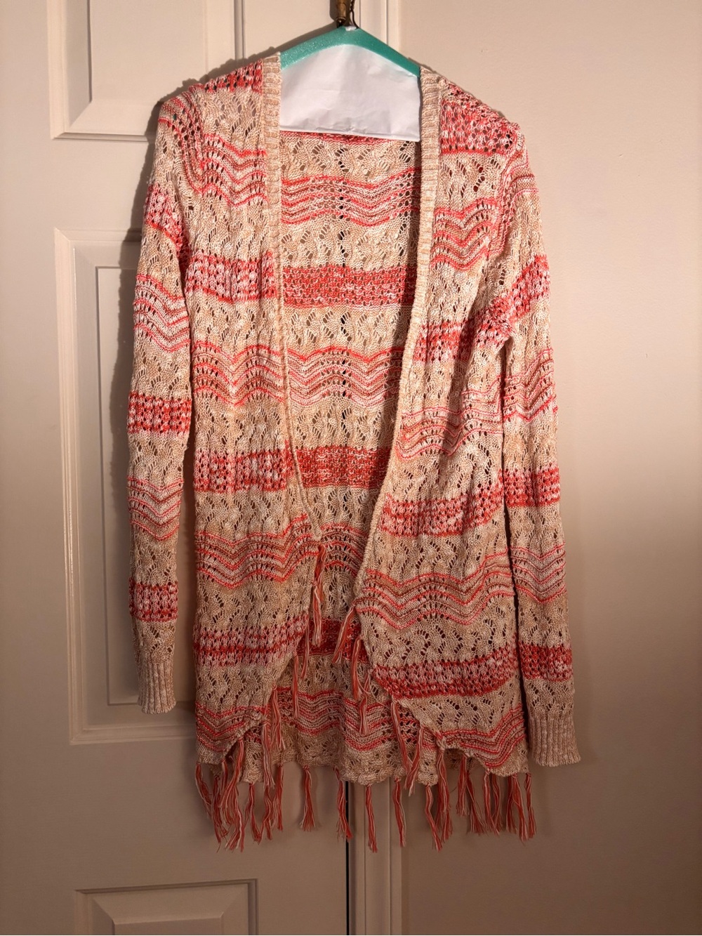 Open-Front Fringe Knit Cardigan Sweater in Cream and Coral